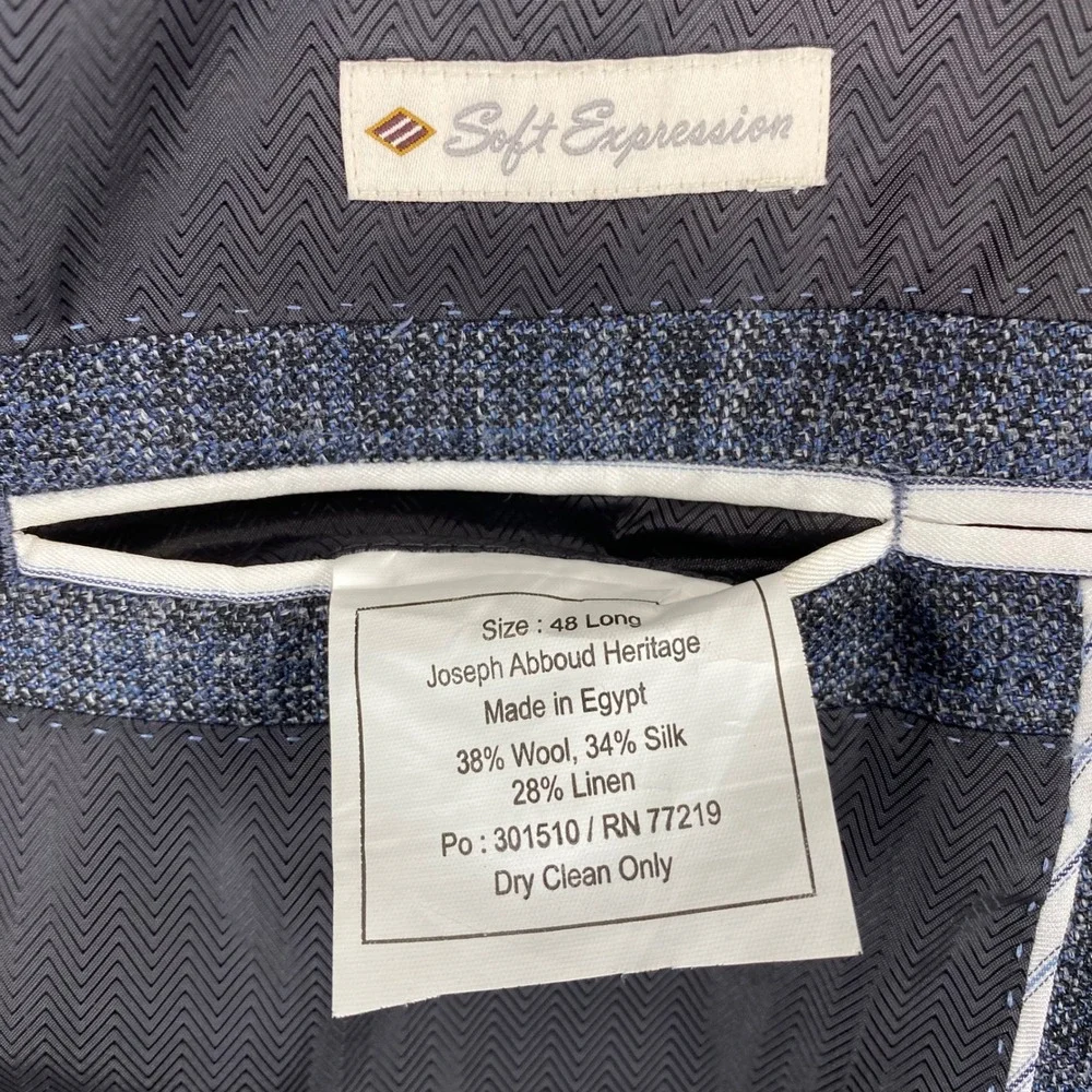 E. Thomas Joseph Linen Silk Sport Coat Blazer 48L Blue Wool Plaid Italy Heritage